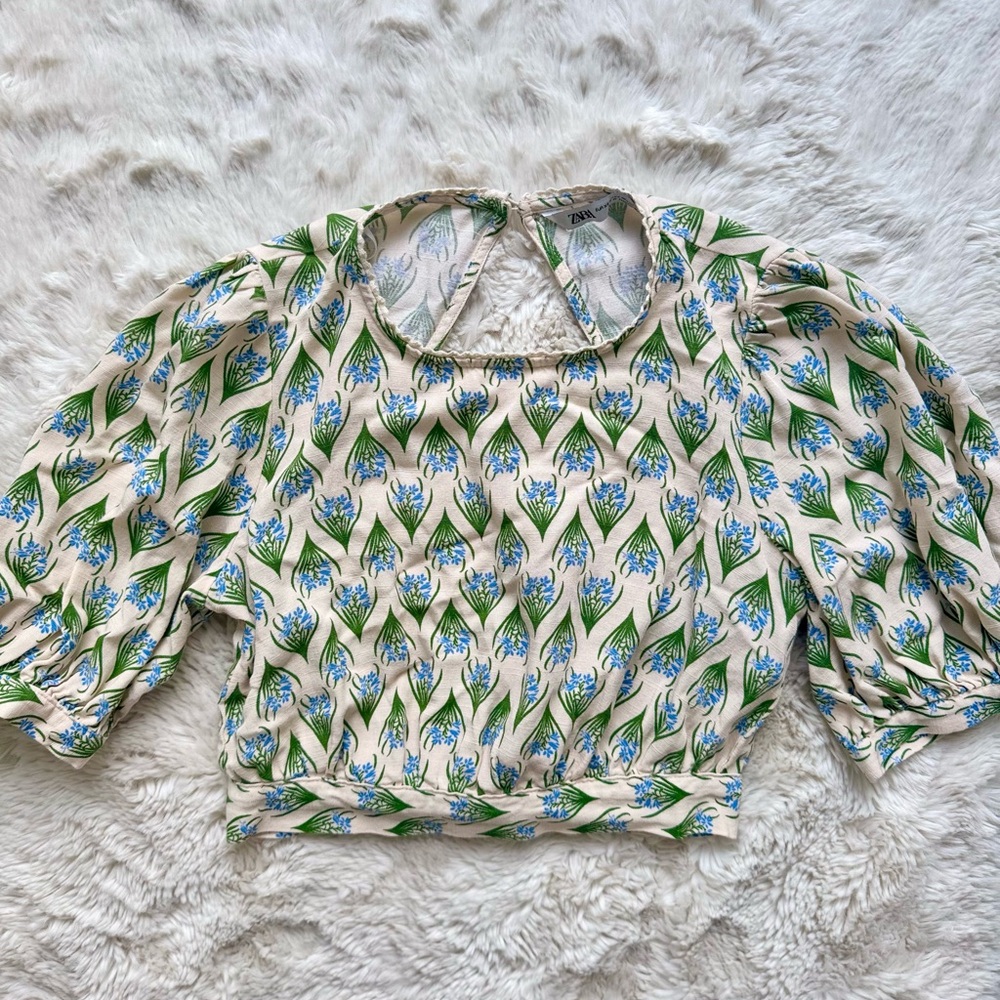 Zara Green and Blue Ruched Crop Blouse with Bib Collar
